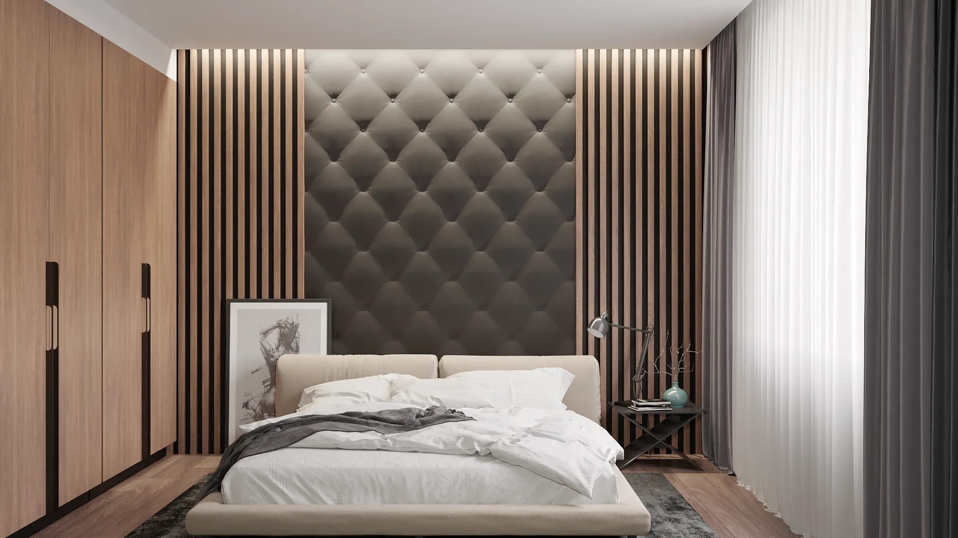 Рейки за кроватью в спальне